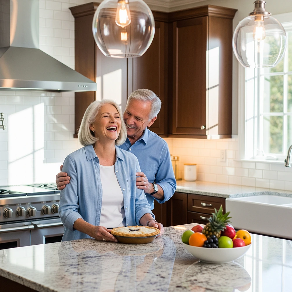 Boldog család vagy nyugdíjas pár modern, újonnan felújított konyhában.