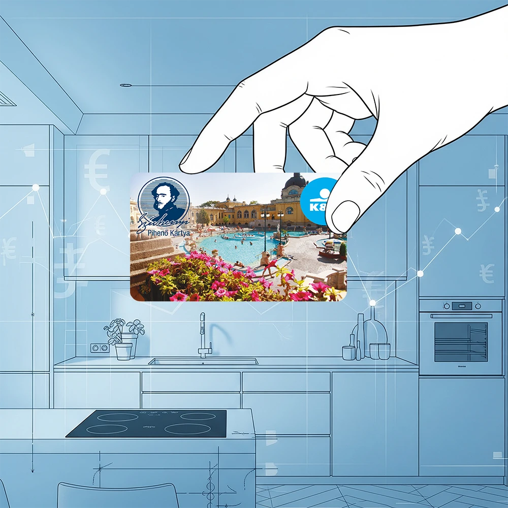 Modern konyha SZÉP kártya grafikával vagy kéz SZÉP kártyával konyhatervezés felett.